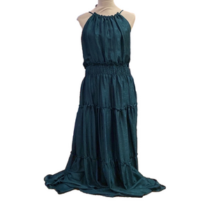Taylor satiny green with subtle pattern maxi dress with tie neck holiday party